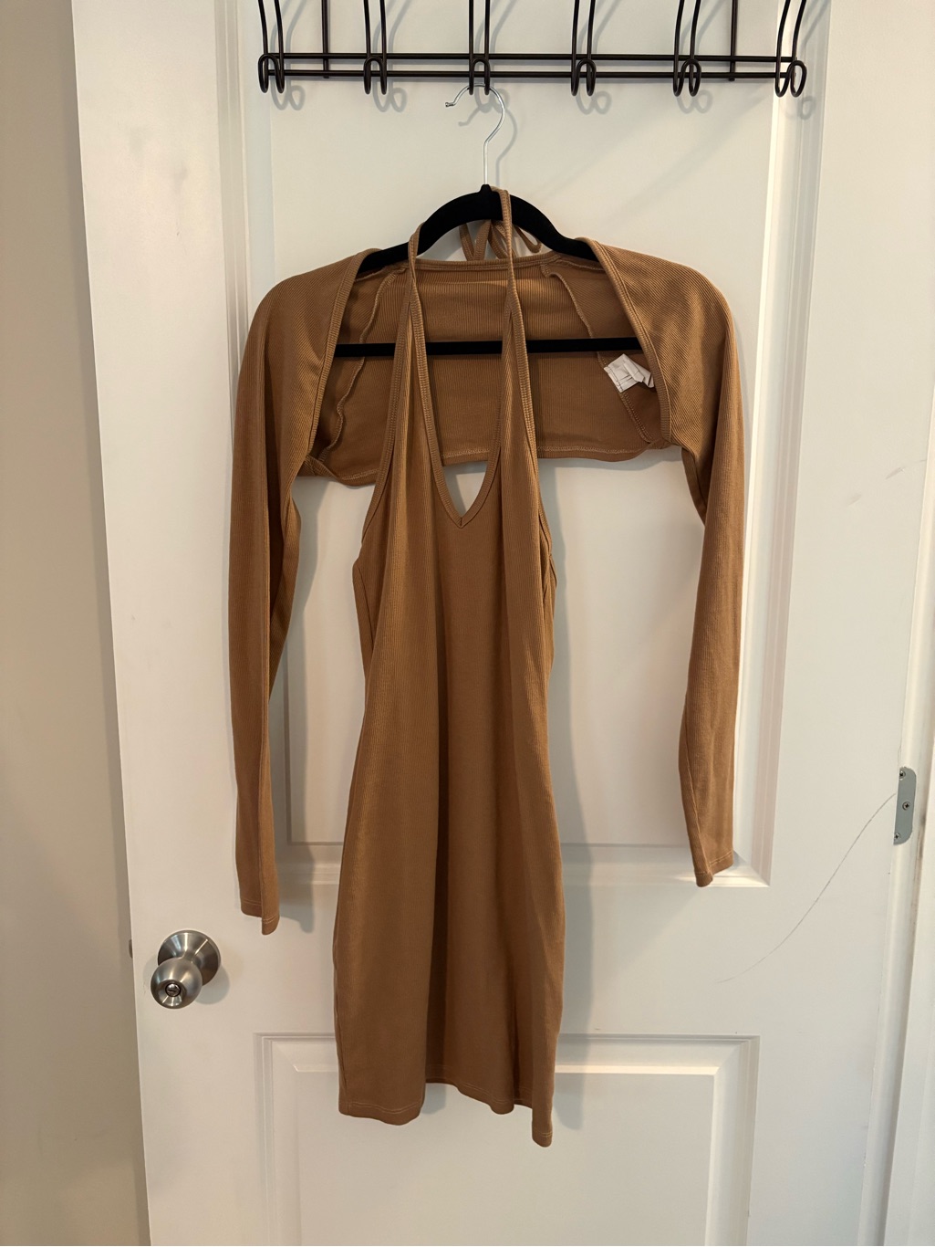 Sleeveless Halter Dress With Cropped Bolero In Camel